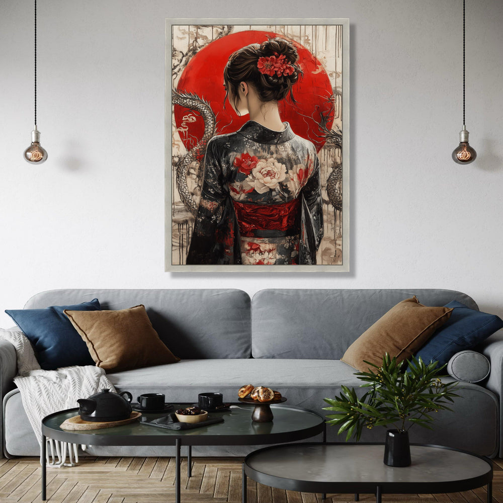 Elegant Geisha in Kimono Canvas, Japanese Woman Wall Art, Red Sun Background, Floral Traditional Dress Canvas, Gift Art, Home Decor, Print