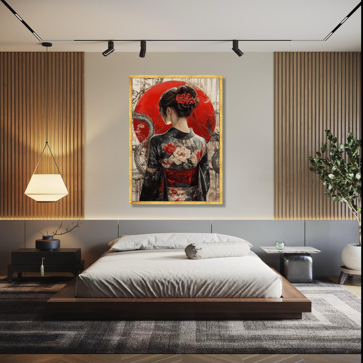 Elegant Geisha in Kimono Canvas, Japanese Woman Wall Art, Red Sun Background, Floral Traditional Dress Canvas, Gift Art, Home Decor, Print