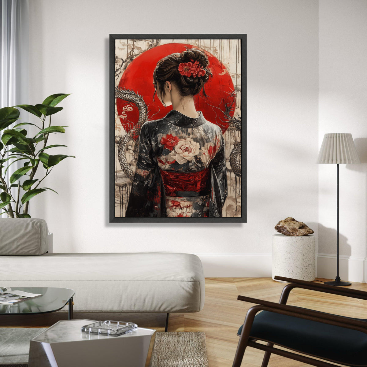 Elegant Geisha in Kimono Canvas, Japanese Woman Wall Art, Red Sun Background, Floral Traditional Dress Canvas, Gift Art, Home Decor, Print