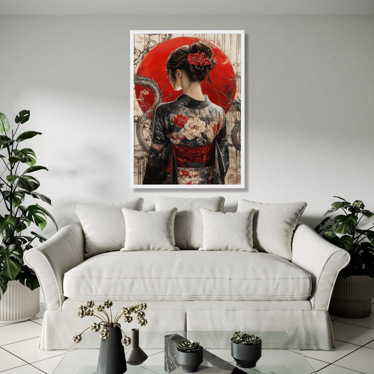 Elegant Geisha in Kimono Canvas, Japanese Woman Wall Art, Red Sun Background, Floral Traditional Dress Canvas, Gift Art, Home Decor, Print