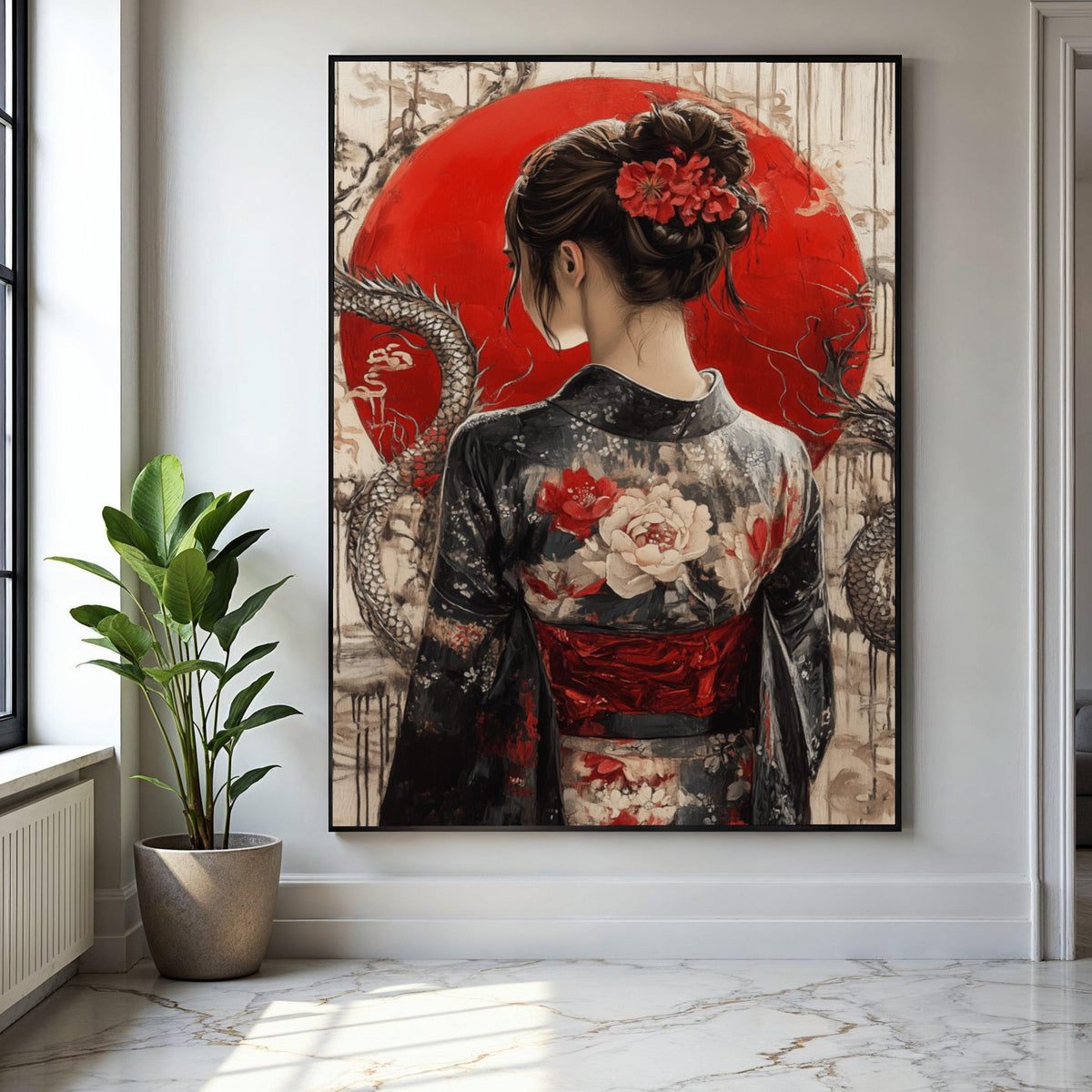 Elegant Geisha in Kimono Canvas, Japanese Woman Wall Art, Red Sun Background, Floral Traditional Dress Canvas, Gift Art, Home Decor, Print