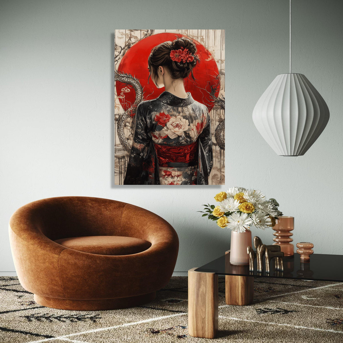 Elegant Geisha in Kimono Canvas, Japanese Woman Wall Art, Red Sun Background, Floral Traditional Dress Canvas, Gift Art, Home Decor, Print