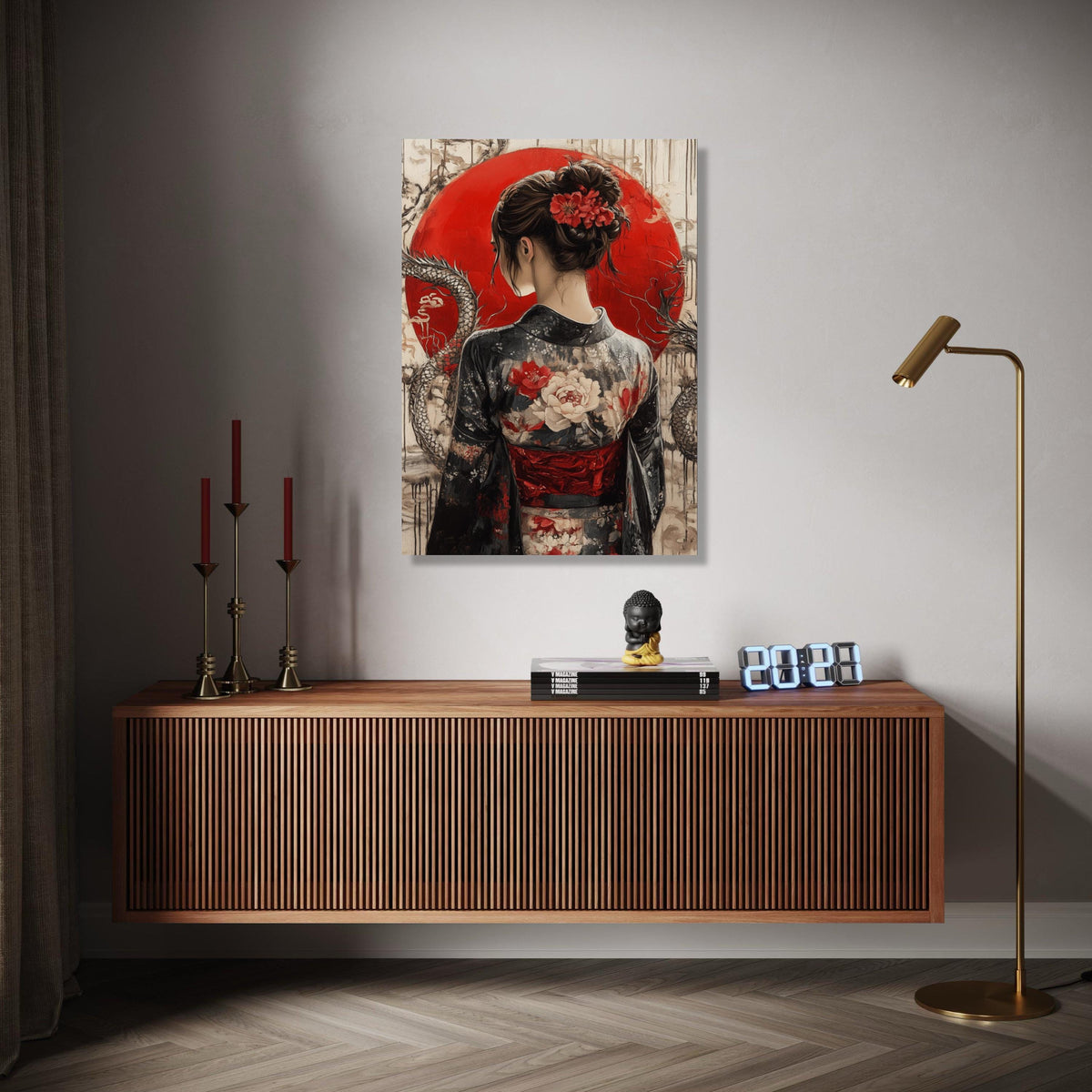 Elegant Geisha in Kimono Canvas, Japanese Woman Wall Art, Red Sun Background, Floral Traditional Dress Canvas, Gift Art, Home Decor, Print