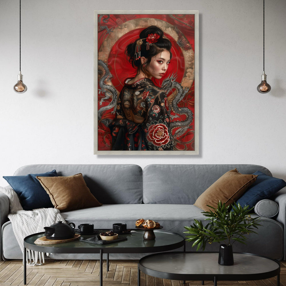 Elegant Japanese Geisha Portrait Canvas, Red Floral Kimono Wall Art, Asian Dragon Design, Modern Ethnic Canvas Gift Art, Home Decor, Print