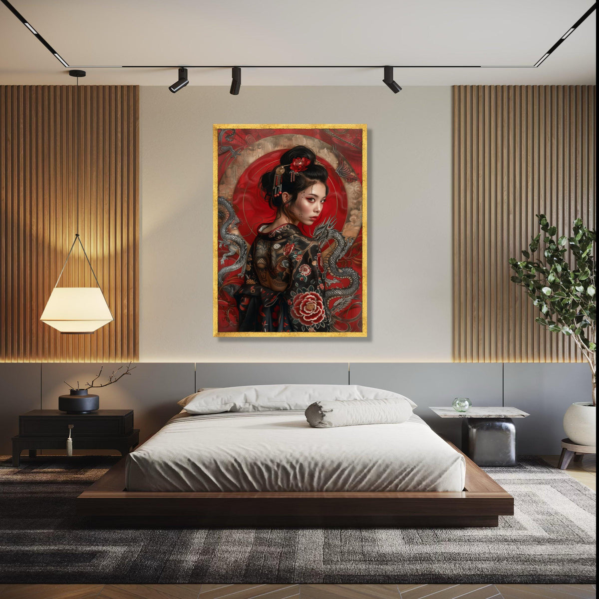 Elegant Japanese Geisha Portrait Canvas, Red Floral Kimono Wall Art, Asian Dragon Design, Modern Ethnic Canvas Gift Art, Home Decor, Print