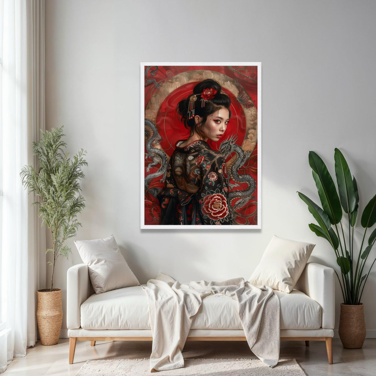 Elegant Japanese Geisha Portrait Canvas, Red Floral Kimono Wall Art, Asian Dragon Design, Modern Ethnic Canvas Gift Art, Home Decor, Print