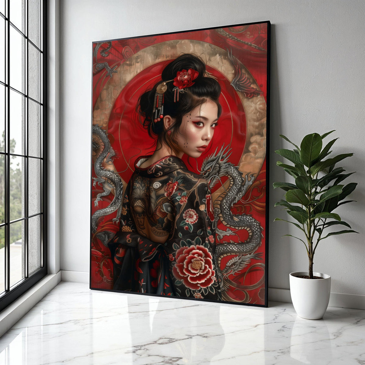 Elegant Japanese Geisha Portrait Canvas, Red Floral Kimono Wall Art, Asian Dragon Design, Modern Ethnic Canvas Gift Art, Home Decor, Print