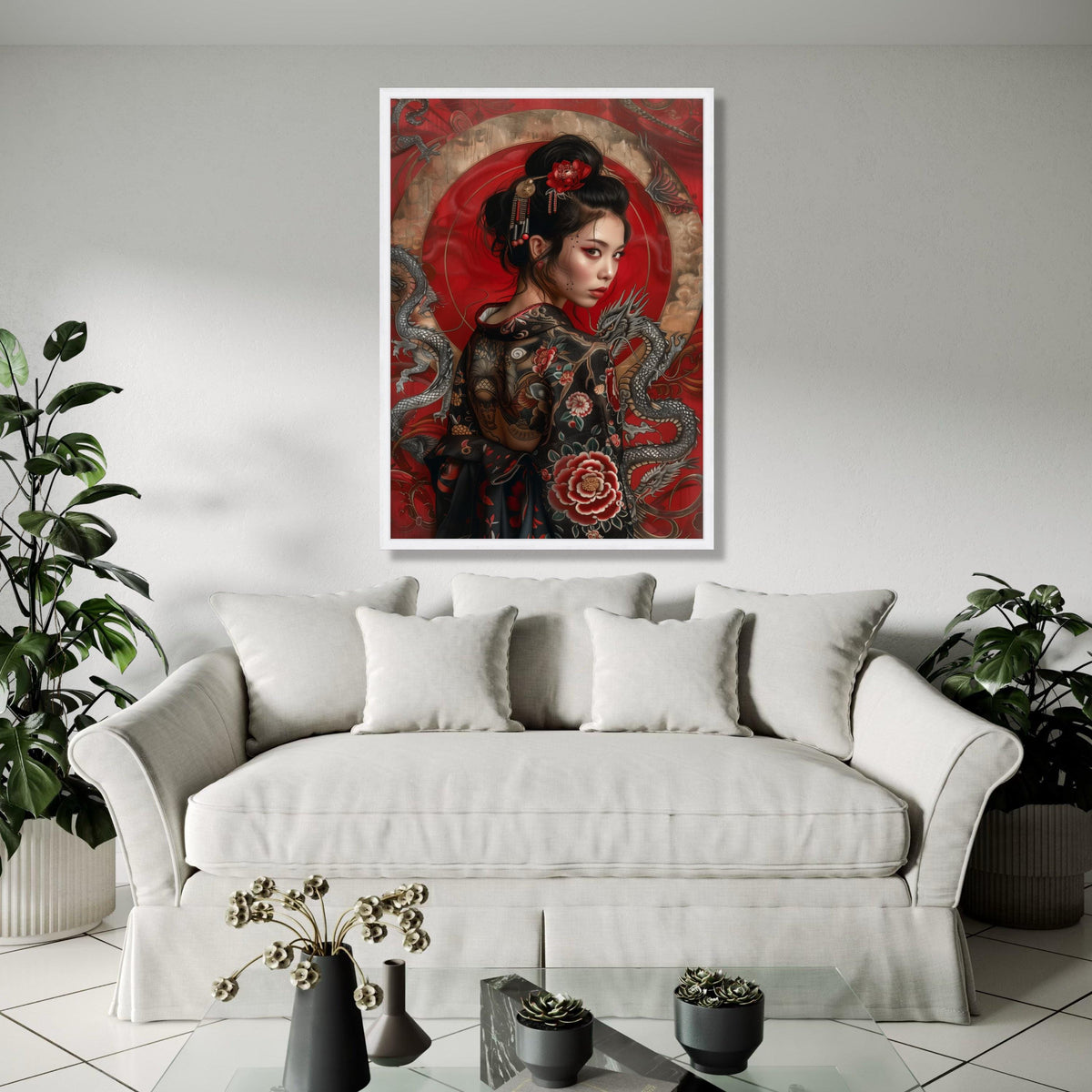 Elegant Japanese Geisha Portrait Canvas, Red Floral Kimono Wall Art, Asian Dragon Design, Modern Ethnic Canvas Gift Art, Home Decor, Print