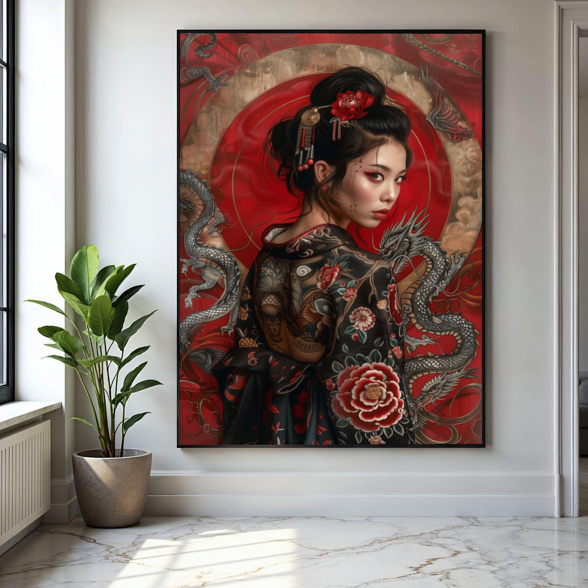 Elegant Japanese Geisha Portrait Canvas, Red Floral Kimono Wall Art, Asian Dragon Design, Modern Ethnic Canvas Gift Art, Home Decor, Print