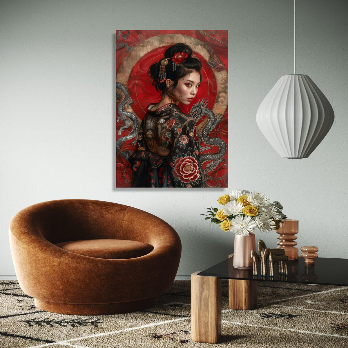 Elegant Japanese Geisha Portrait Canvas, Red Floral Kimono Wall Art, Asian Dragon Design, Modern Ethnic Canvas Gift Art, Home Decor, Print