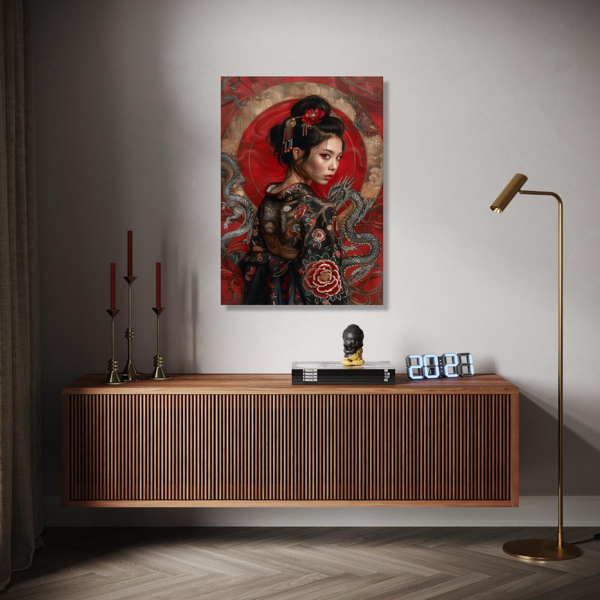 Elegant Japanese Geisha Portrait Canvas, Red Floral Kimono Wall Art, Asian Dragon Design, Modern Ethnic Canvas Gift Art, Home Decor, Print