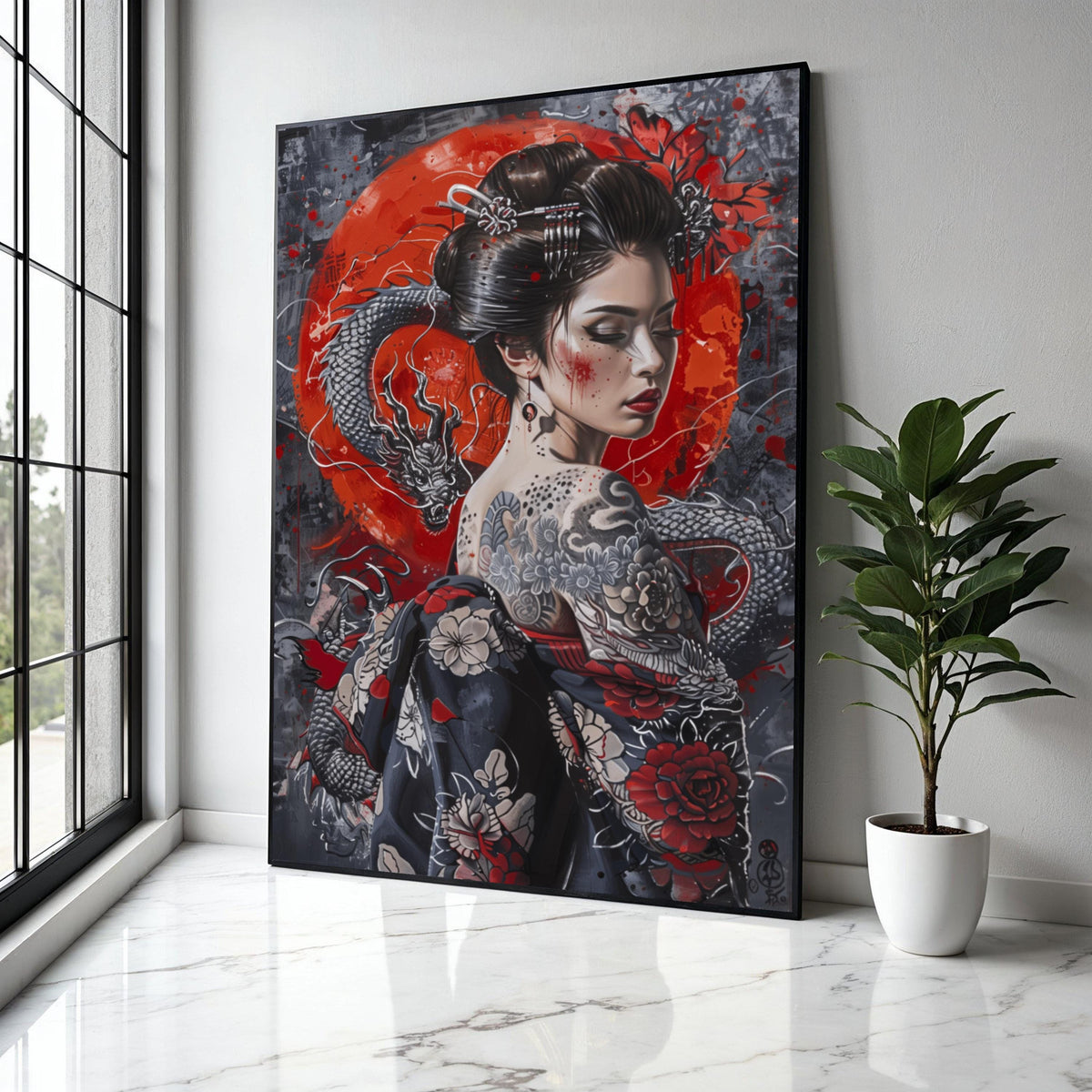 Geisha with Dragon Tattoo Canvas Wall Art, Japanese Woman Portrait, Red and Black Floral Kimono, Asian Culture Gift Art, Home Decor, Print