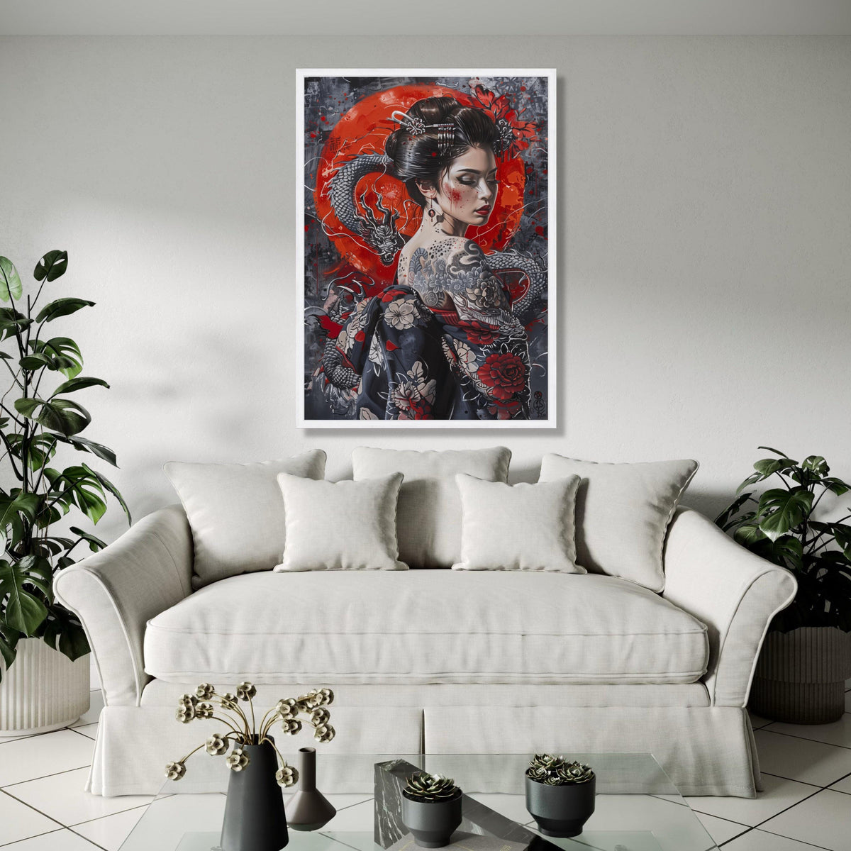 Geisha with Dragon Tattoo Canvas Wall Art, Japanese Woman Portrait, Red and Black Floral Kimono, Asian Culture Gift Art, Home Decor, Print