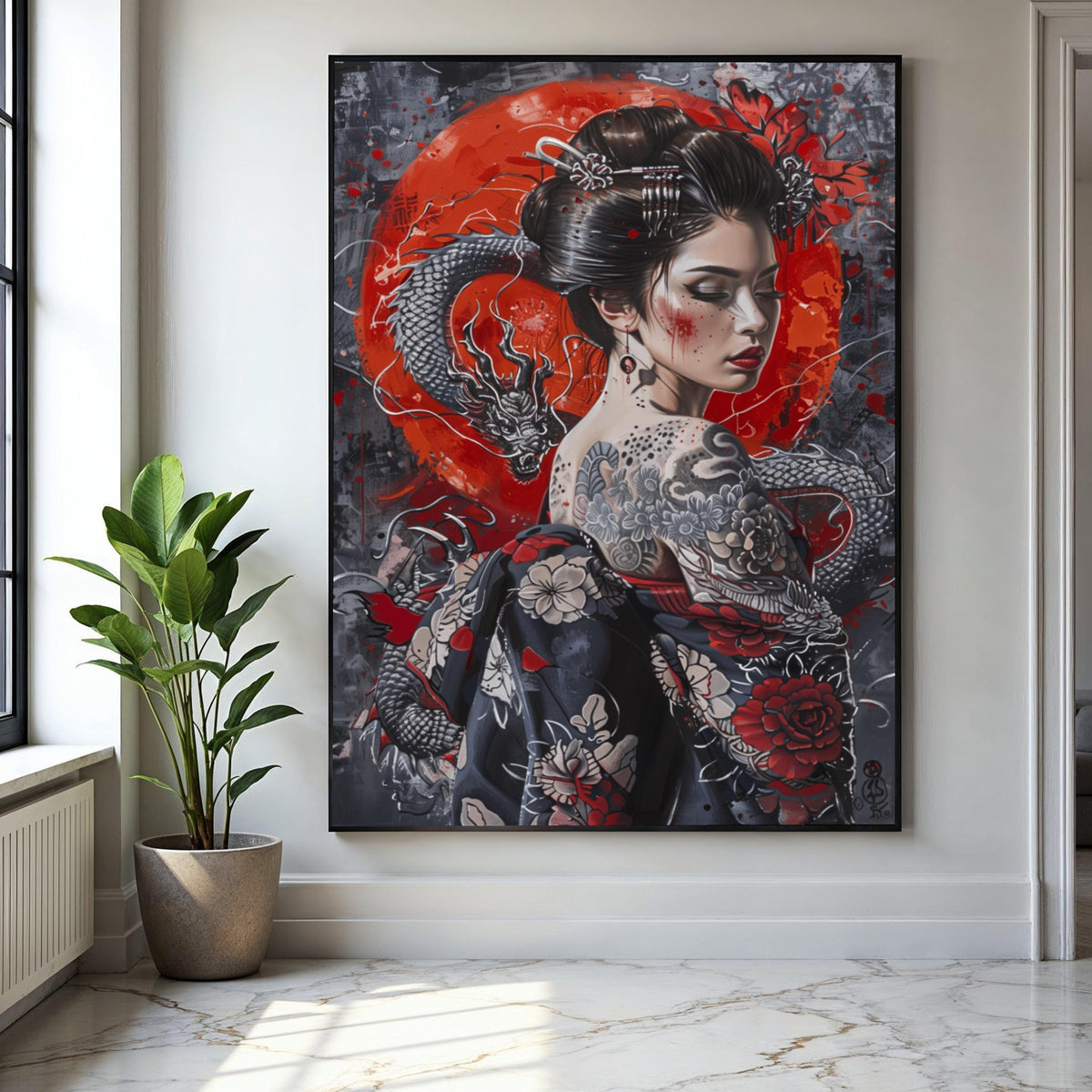 Geisha with Dragon Tattoo Canvas Wall Art, Japanese Woman Portrait, Red and Black Floral Kimono, Asian Culture Gift Art, Home Decor, Print