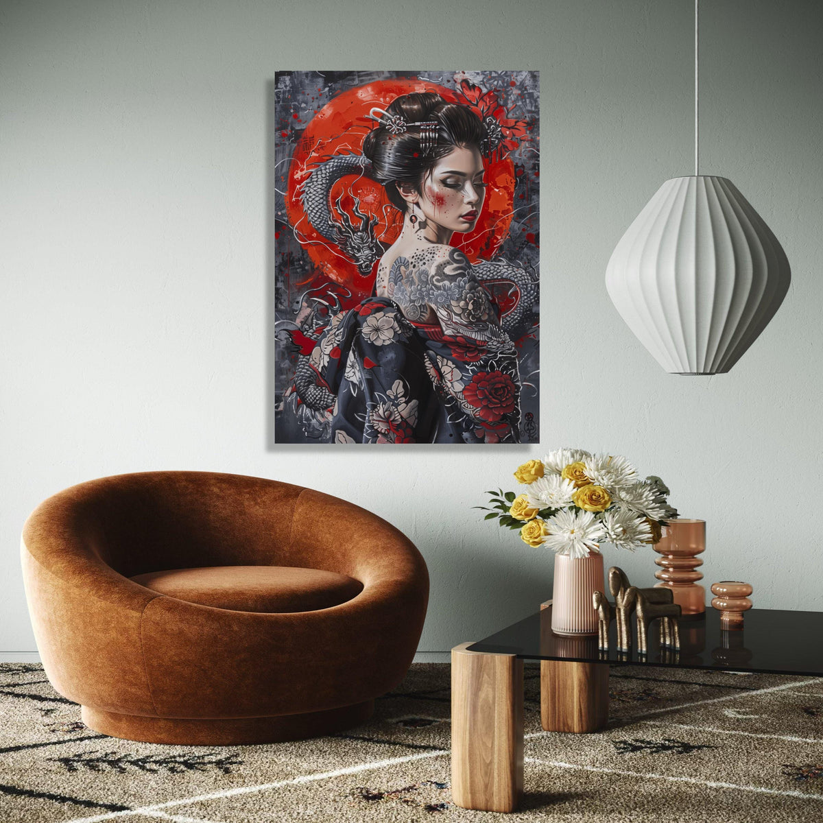 Geisha with Dragon Tattoo Canvas Wall Art, Japanese Woman Portrait, Red and Black Floral Kimono, Asian Culture Gift Art, Home Decor, Print