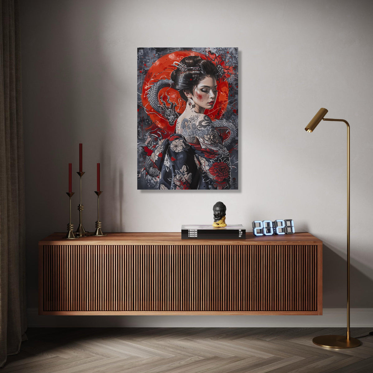 Geisha with Dragon Tattoo Canvas Wall Art, Japanese Woman Portrait, Red and Black Floral Kimono, Asian Culture Gift Art, Home Decor, Print