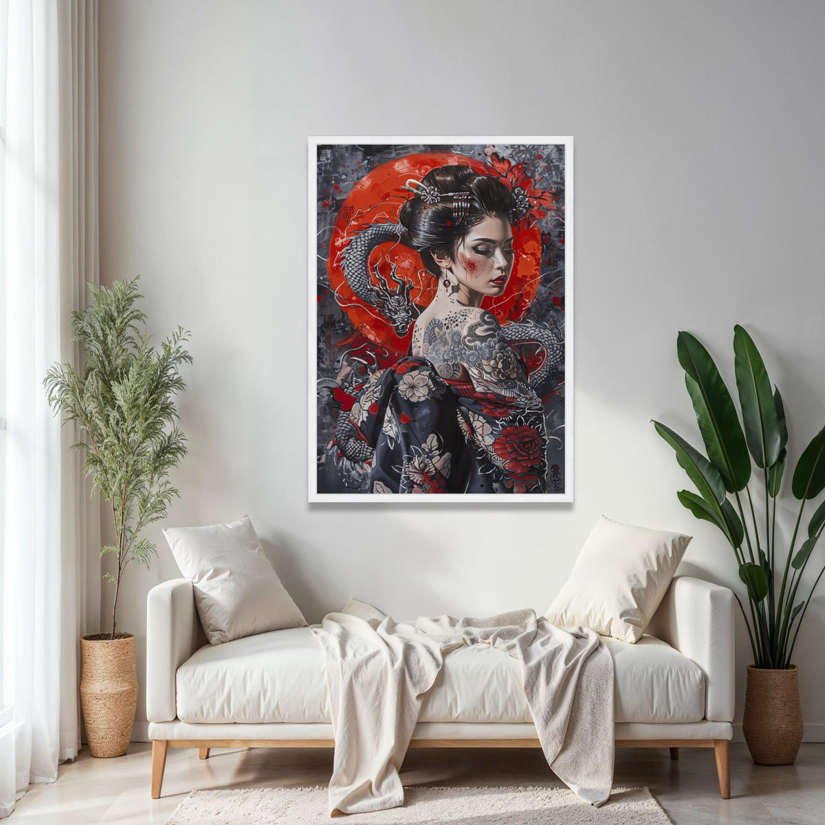 Geisha with Dragon Tattoo Canvas Wall Art, Japanese Woman Portrait, Red and Black Floral Kimono, Asian Culture Gift Art, Home Decor, Print