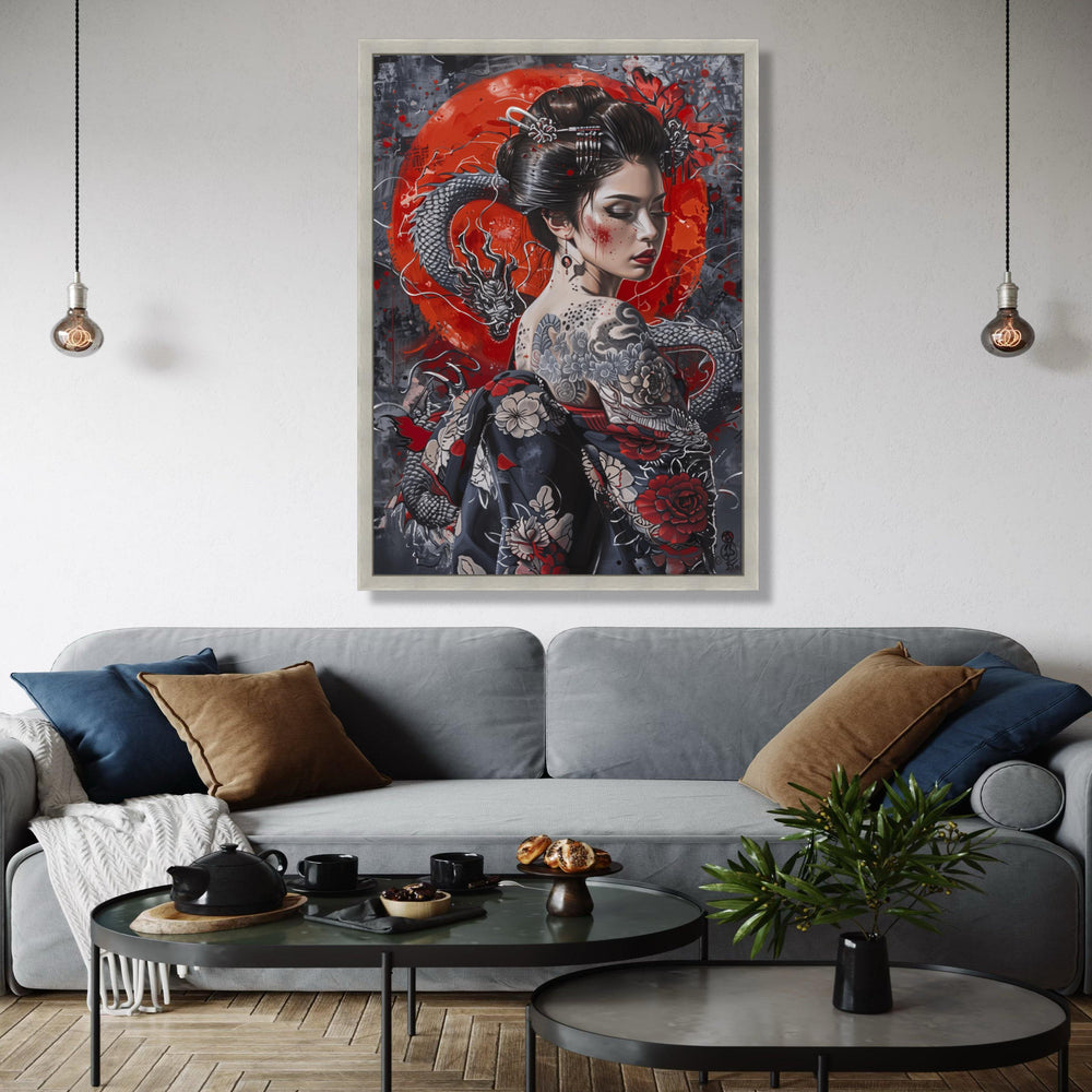 Geisha with Dragon Tattoo Canvas Wall Art, Japanese Woman Portrait, Red and Black Floral Kimono, Asian Culture Gift Art, Home Decor, Print