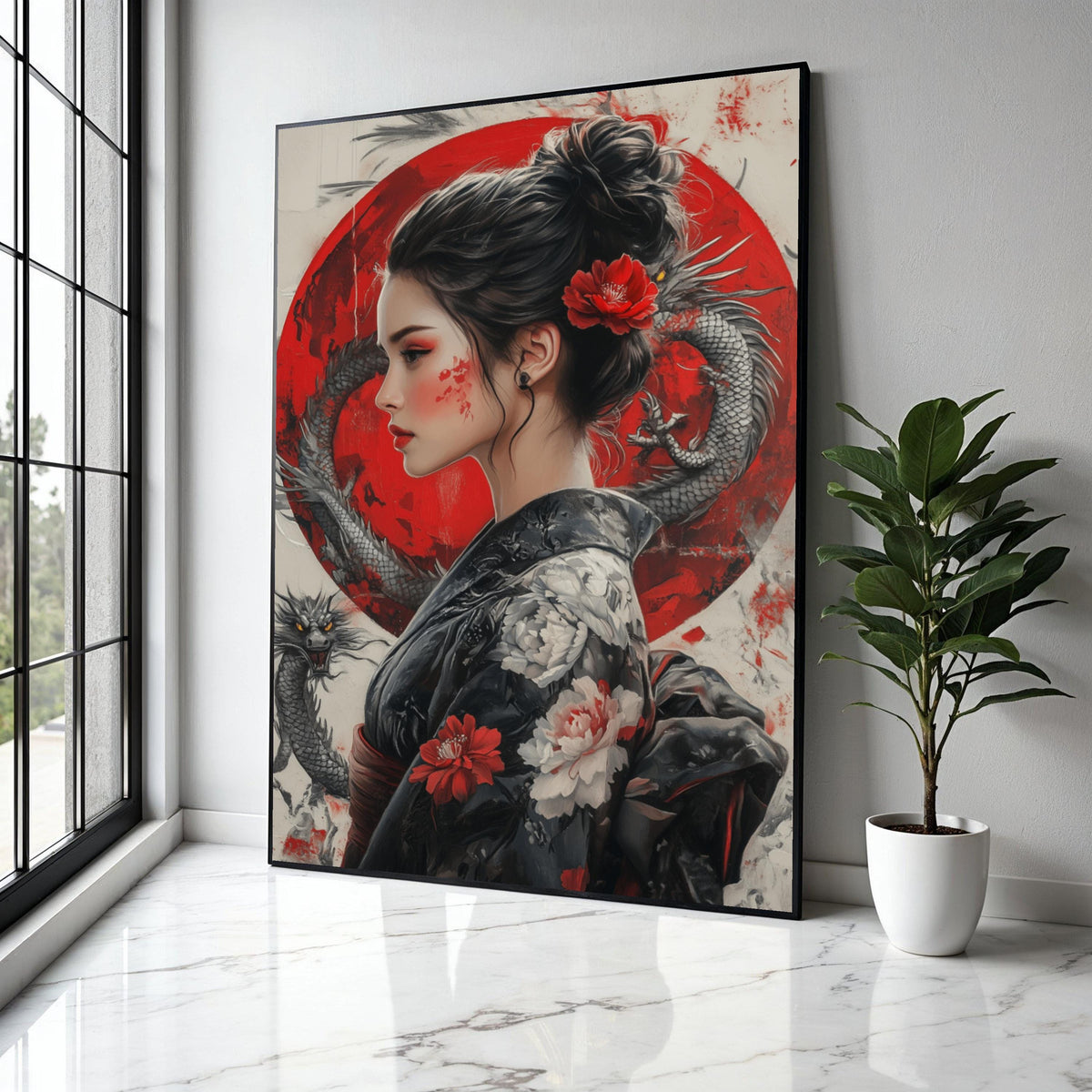 Asian Woman Portrait Canvas Wall Art, Red Dragon and Floral Kimono, Japanese Geisha Style Painting, Oriental Gift Art, Home Decor, Print
