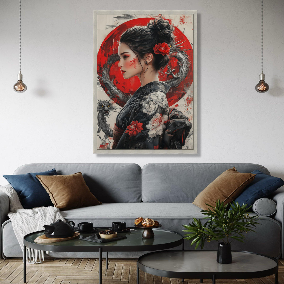 Asian Woman Portrait Canvas Wall Art, Red Dragon and Floral Kimono, Japanese Geisha Style Painting, Oriental Gift Art, Home Decor, Print