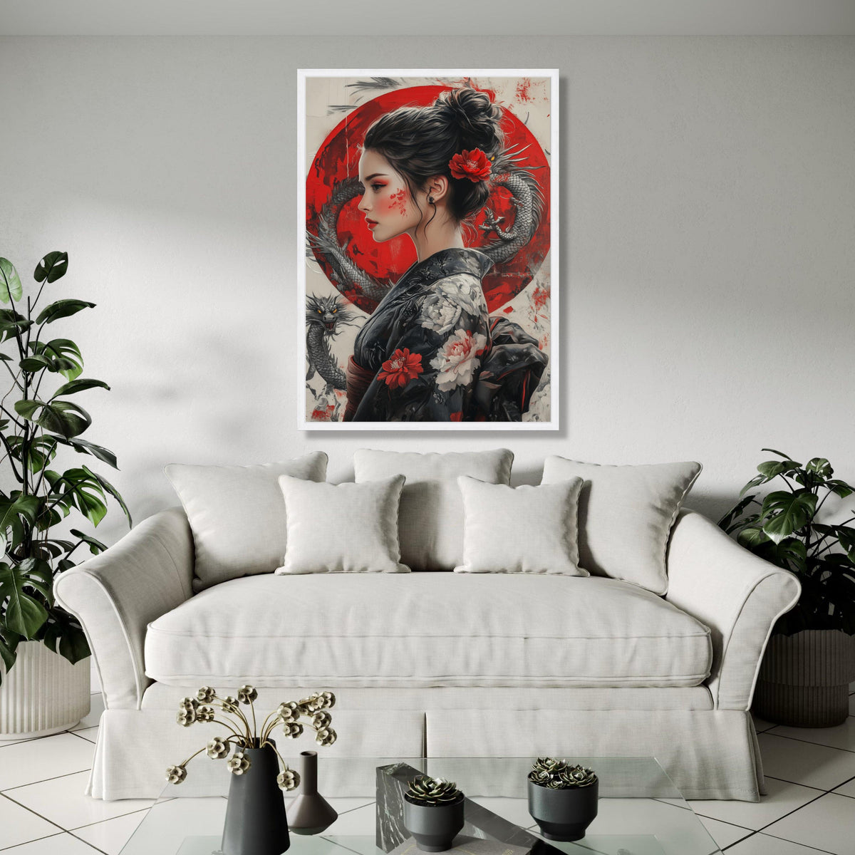 Asian Woman Portrait Canvas Wall Art, Red Dragon and Floral Kimono, Japanese Geisha Style Painting, Oriental Gift Art, Home Decor, Print