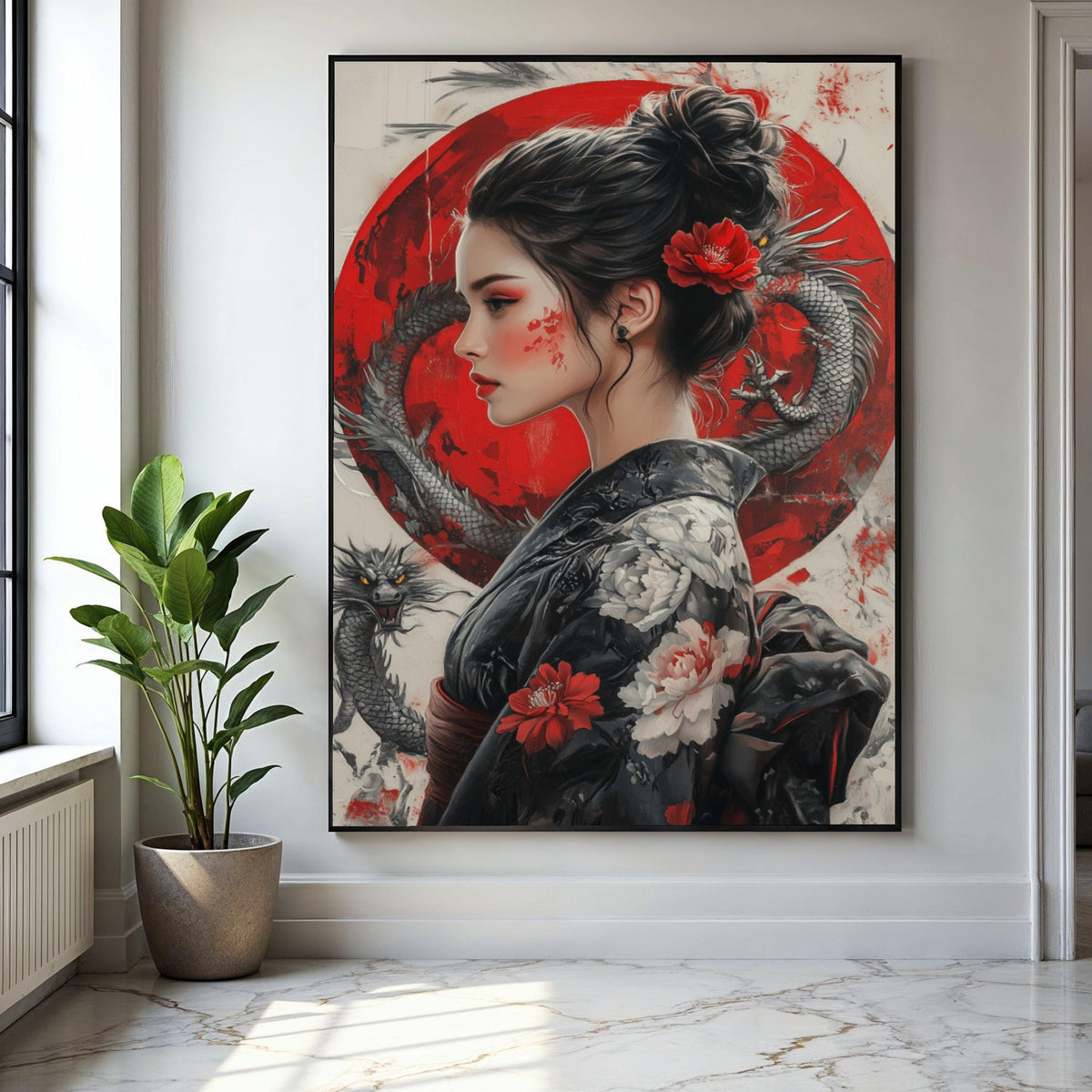 Asian Woman Portrait Canvas Wall Art, Red Dragon and Floral Kimono, Japanese Geisha Style Painting, Oriental Gift Art, Home Decor, Print