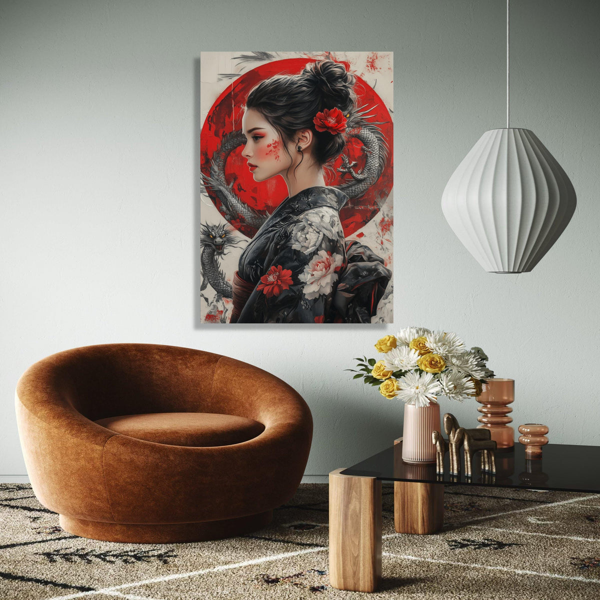 Asian Woman Portrait Canvas Wall Art, Red Dragon and Floral Kimono, Japanese Geisha Style Painting, Oriental Gift Art, Home Decor, Print