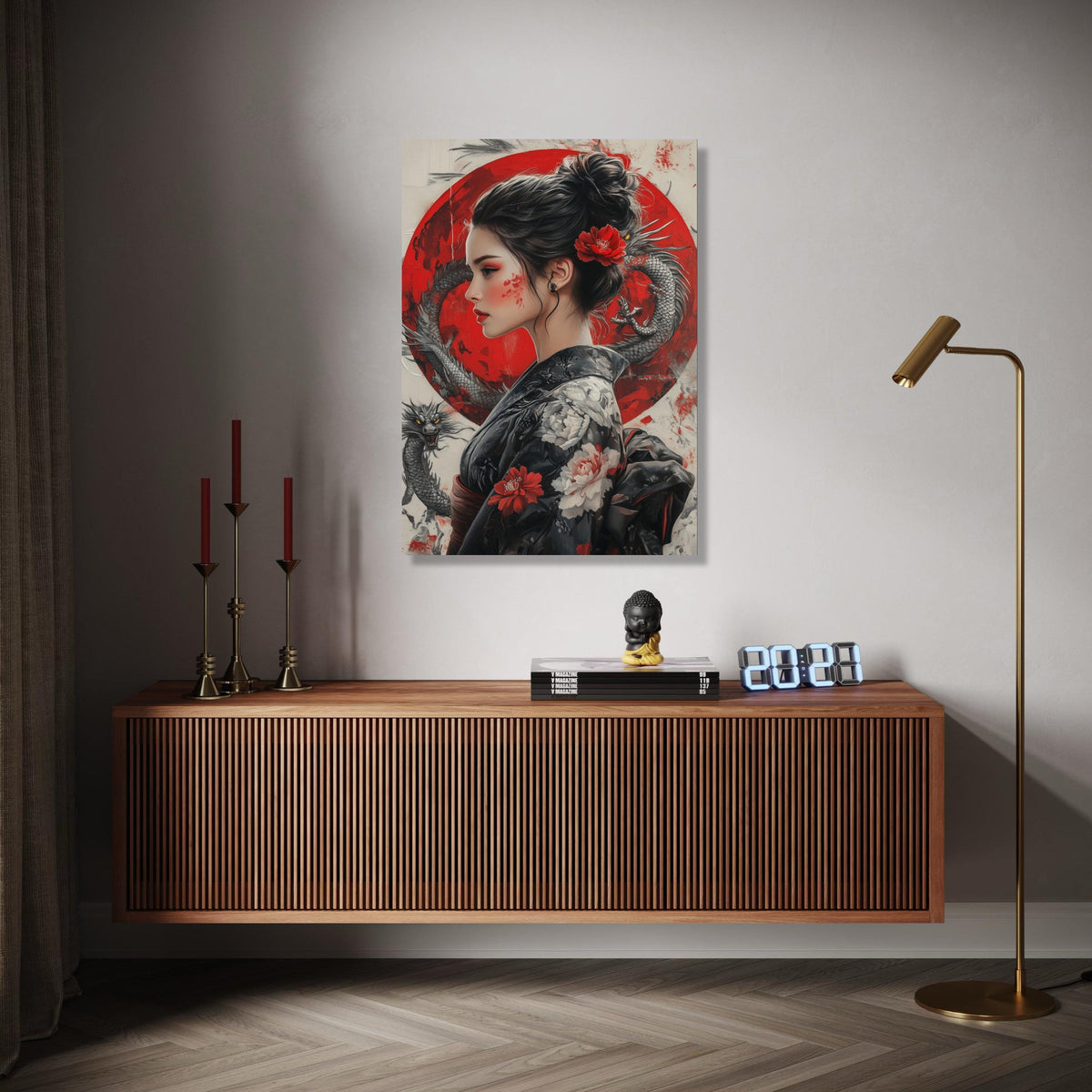 Asian Woman Portrait Canvas Wall Art, Red Dragon and Floral Kimono, Japanese Geisha Style Painting, Oriental Gift Art, Home Decor, Print