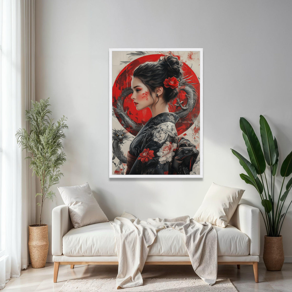 Asian Woman Portrait Canvas Wall Art, Red Dragon and Floral Kimono, Japanese Geisha Style Painting, Oriental Gift Art, Home Decor, Print