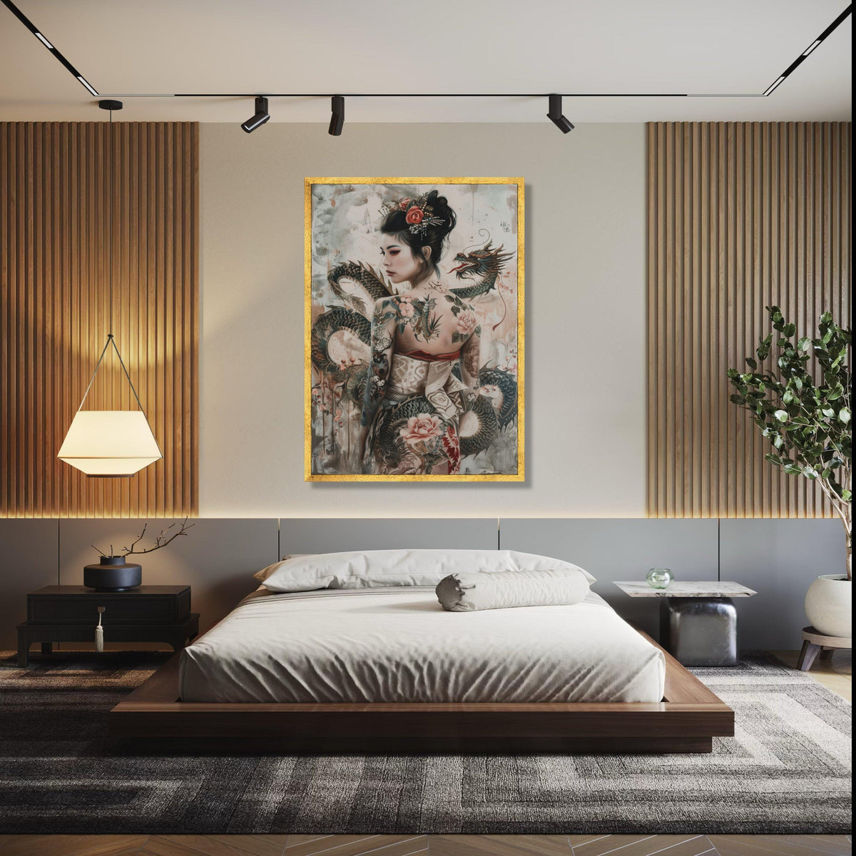 Elegant Asian Woman with Dragon Tattoo Canvas, Japanese Style Art, Floral Tattoo Design, Fantasy Wall Decor, Gift Art, Home Decor, Print