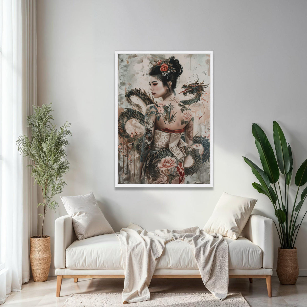 Elegant Asian Woman with Dragon Tattoo Canvas, Japanese Style Art, Floral Tattoo Design, Fantasy Wall Decor, Gift Art, Home Decor, Print