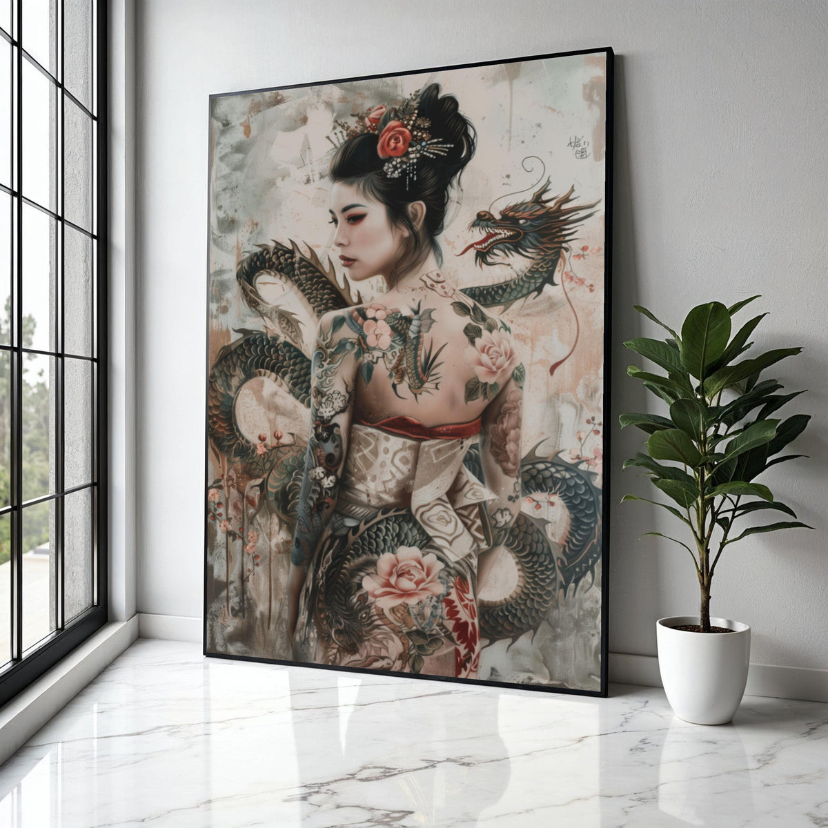 Elegant Asian Woman with Dragon Tattoo Canvas, Japanese Style Art, Floral Tattoo Design, Fantasy Wall Decor, Gift Art, Home Decor, Print