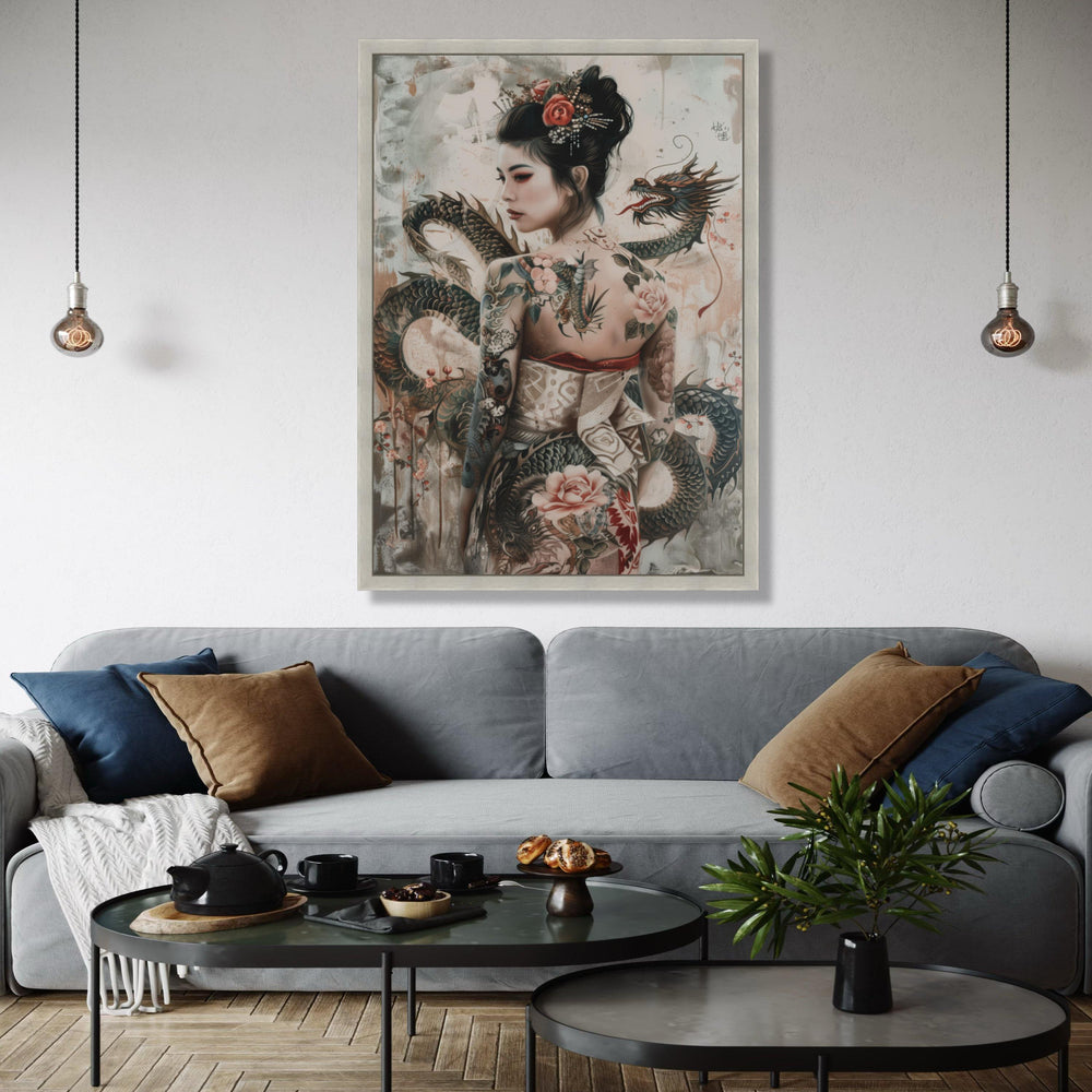 Elegant Asian Woman with Dragon Tattoo Canvas, Japanese Style Art, Floral Tattoo Design, Fantasy Wall Decor, Gift Art, Home Decor, Print