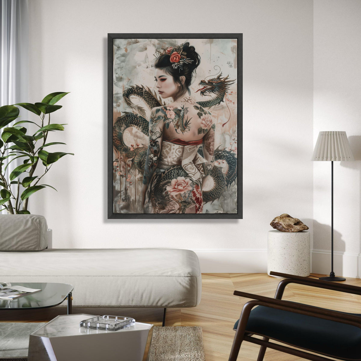 Elegant Asian Woman with Dragon Tattoo Canvas, Japanese Style Art, Floral Tattoo Design, Fantasy Wall Decor, Gift Art, Home Decor, Print