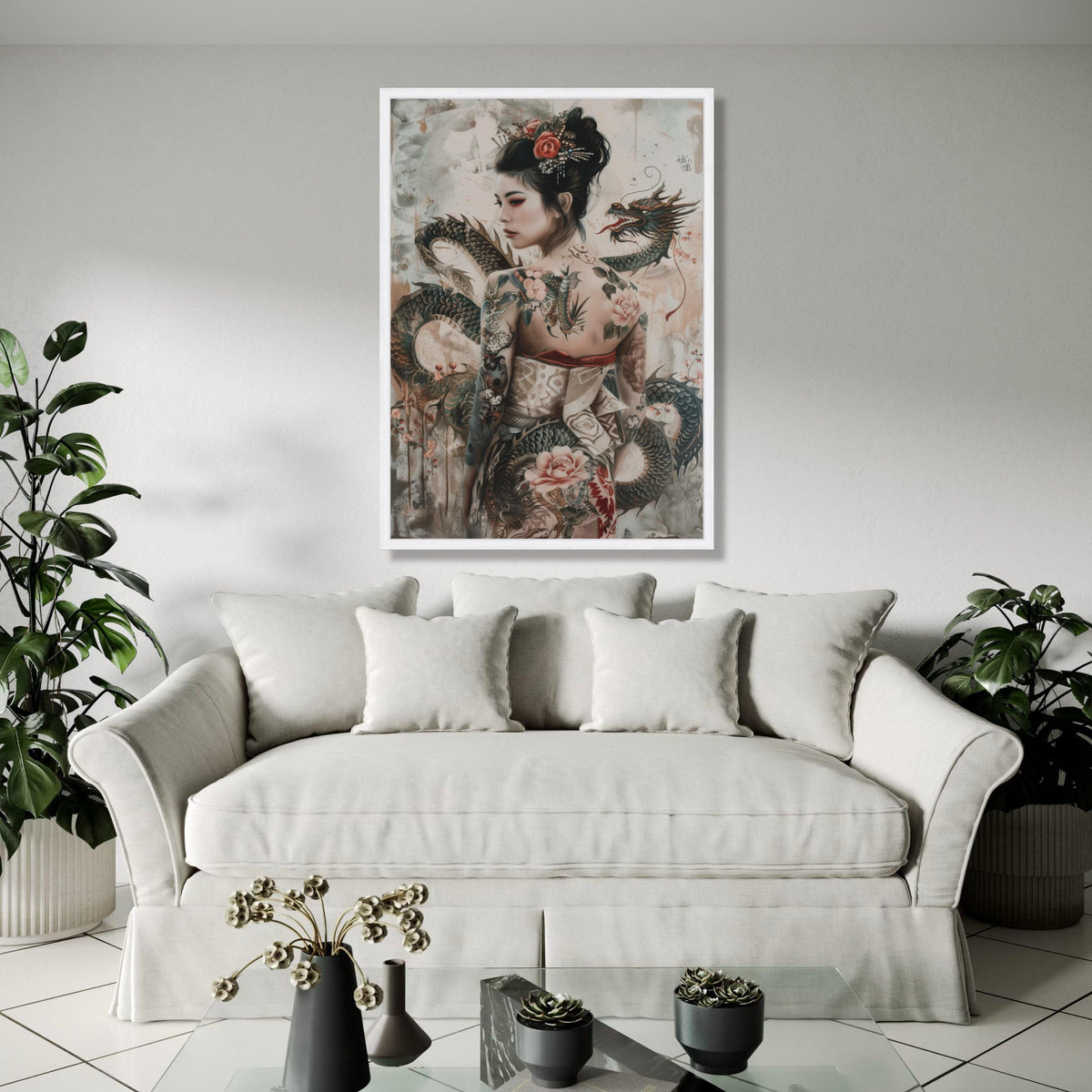 Elegant Asian Woman with Dragon Tattoo Canvas, Japanese Style Art, Floral Tattoo Design, Fantasy Wall Decor, Gift Art, Home Decor, Print