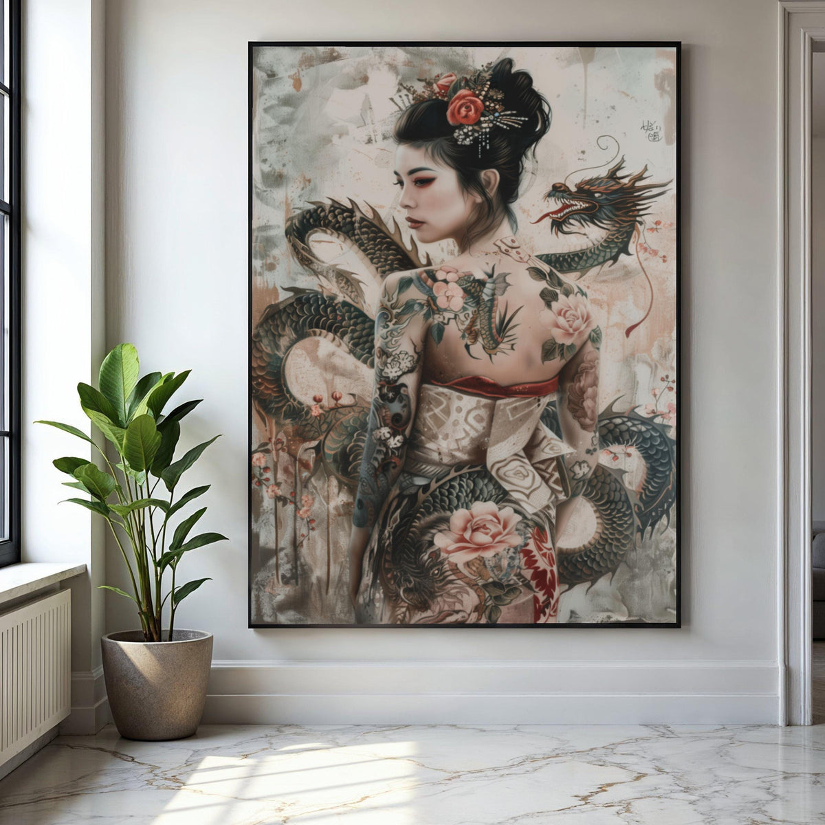 Elegant Asian Woman with Dragon Tattoo Canvas, Japanese Style Art, Floral Tattoo Design, Fantasy Wall Decor, Gift Art, Home Decor, Print