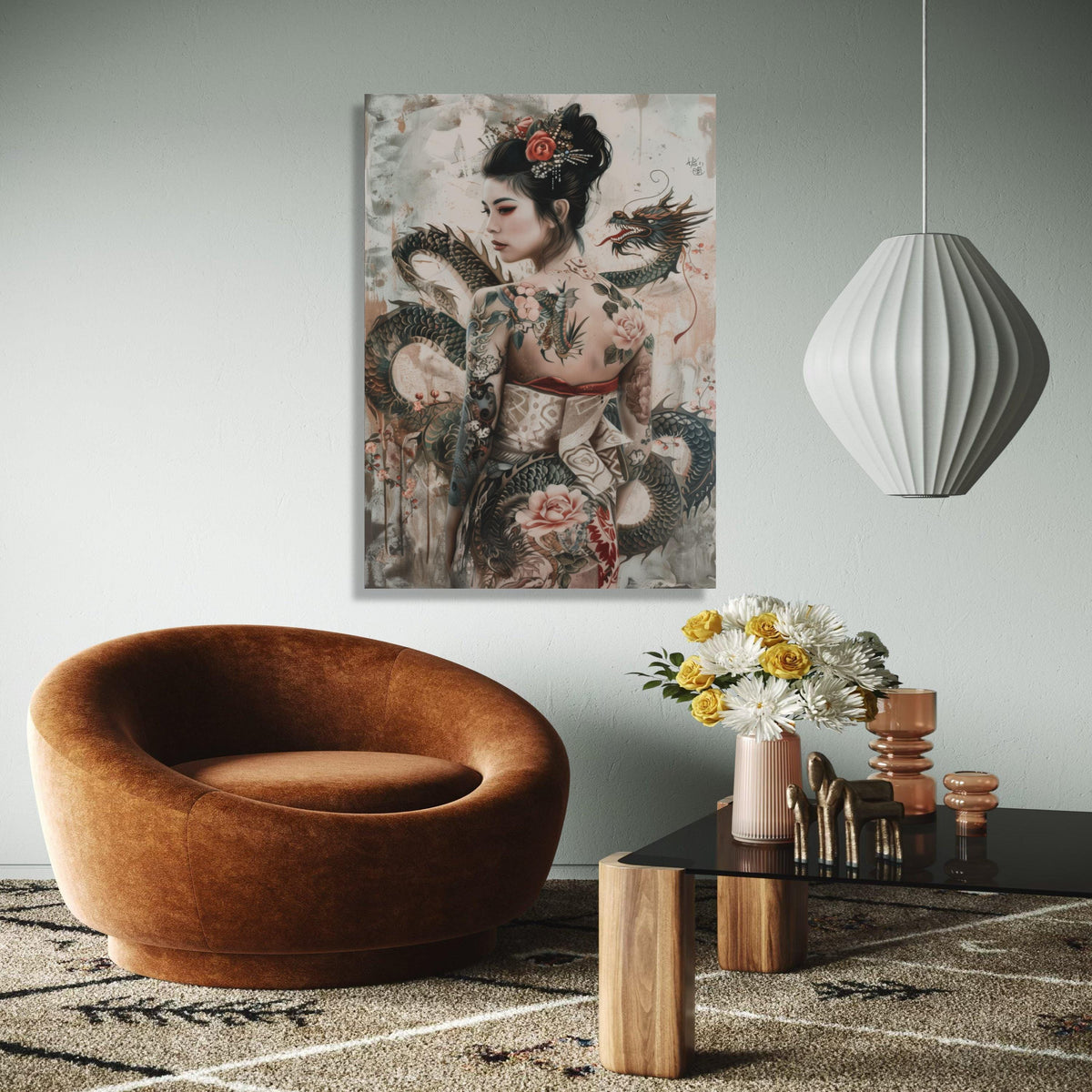 Elegant Asian Woman with Dragon Tattoo Canvas, Japanese Style Art, Floral Tattoo Design, Fantasy Wall Decor, Gift Art, Home Decor, Print