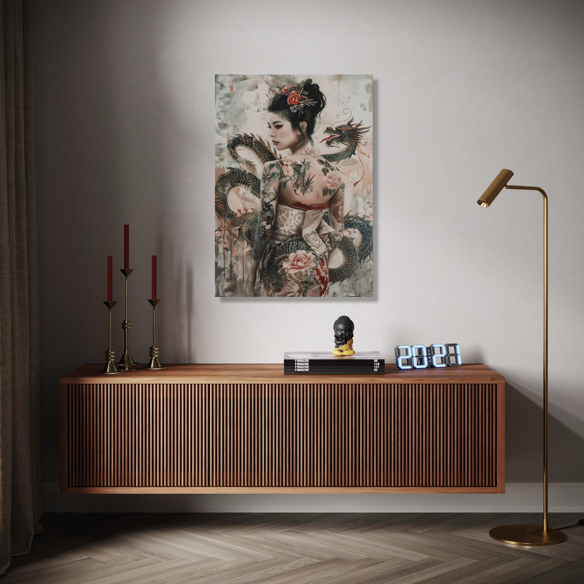 Elegant Asian Woman with Dragon Tattoo Canvas, Japanese Style Art, Floral Tattoo Design, Fantasy Wall Decor, Gift Art, Home Decor, Print
