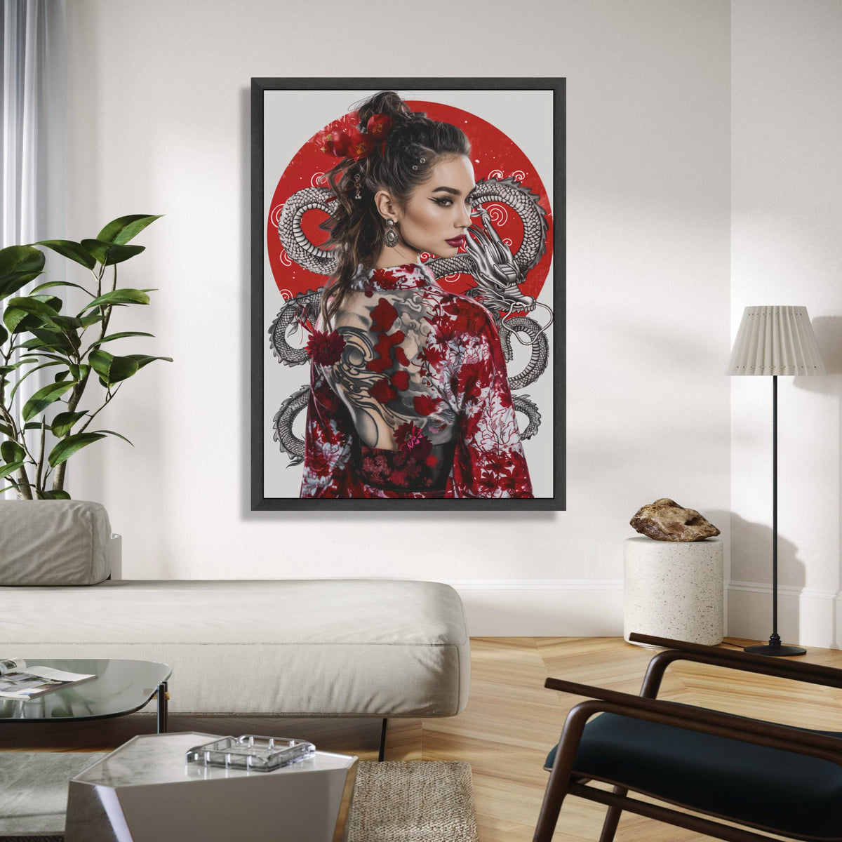 Elegant Geisha Woman Canvas, Red Dragon Tattoo Art, Japanese Kimono Wall Decor, Asian Style Portrait Canvas, Gift Art, Home Decor, Print
