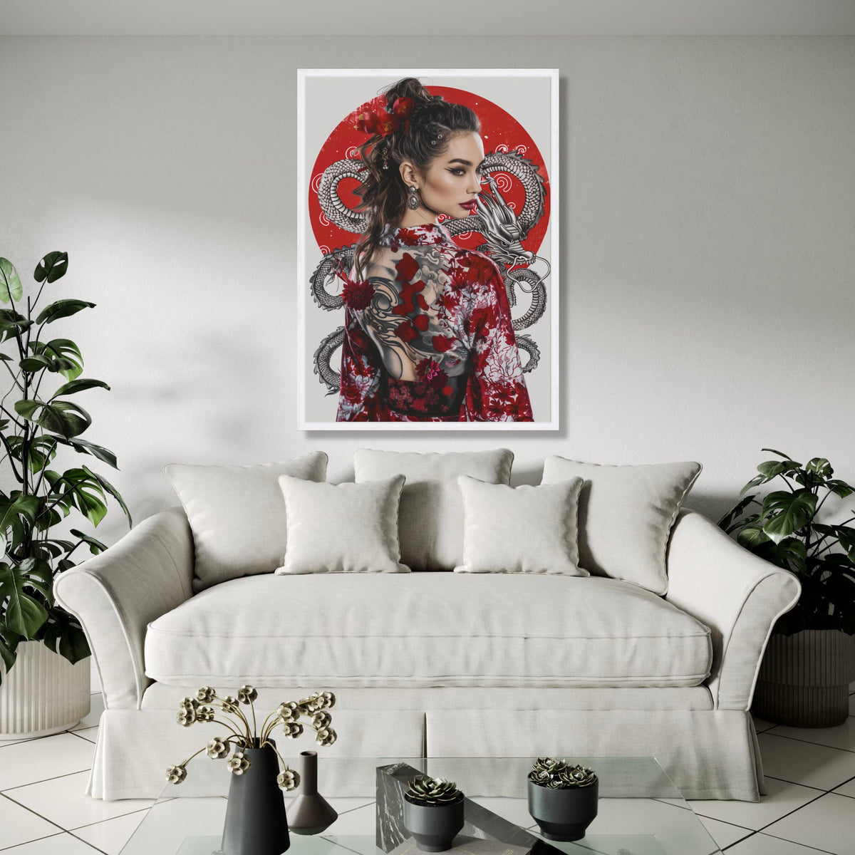 Elegant Geisha Woman Canvas, Red Dragon Tattoo Art, Japanese Kimono Wall Decor, Asian Style Portrait Canvas, Gift Art, Home Decor, Print