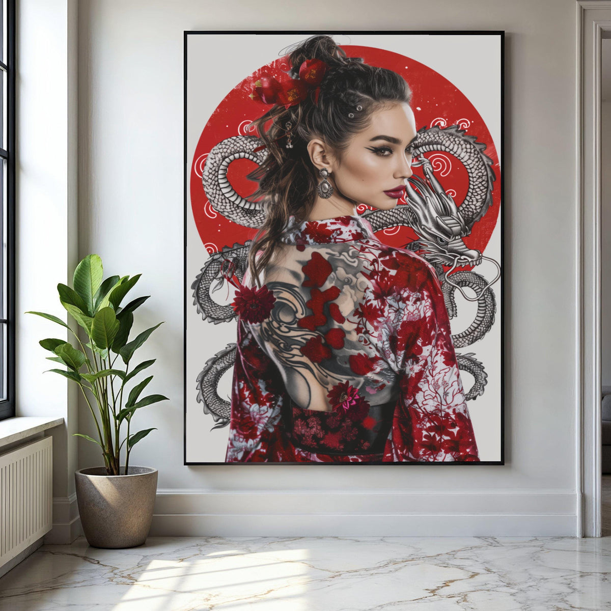 Elegant Geisha Woman Canvas, Red Dragon Tattoo Art, Japanese Kimono Wall Decor, Asian Style Portrait Canvas, Gift Art, Home Decor, Print