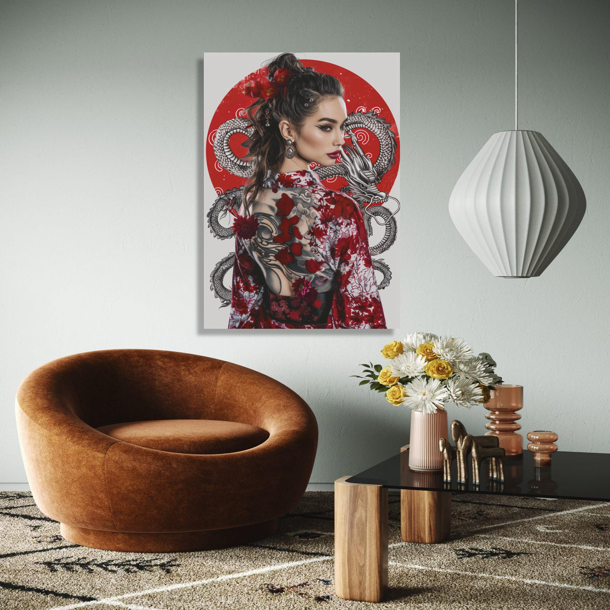 Elegant Geisha Woman Canvas, Red Dragon Tattoo Art, Japanese Kimono Wall Decor, Asian Style Portrait Canvas, Gift Art, Home Decor, Print