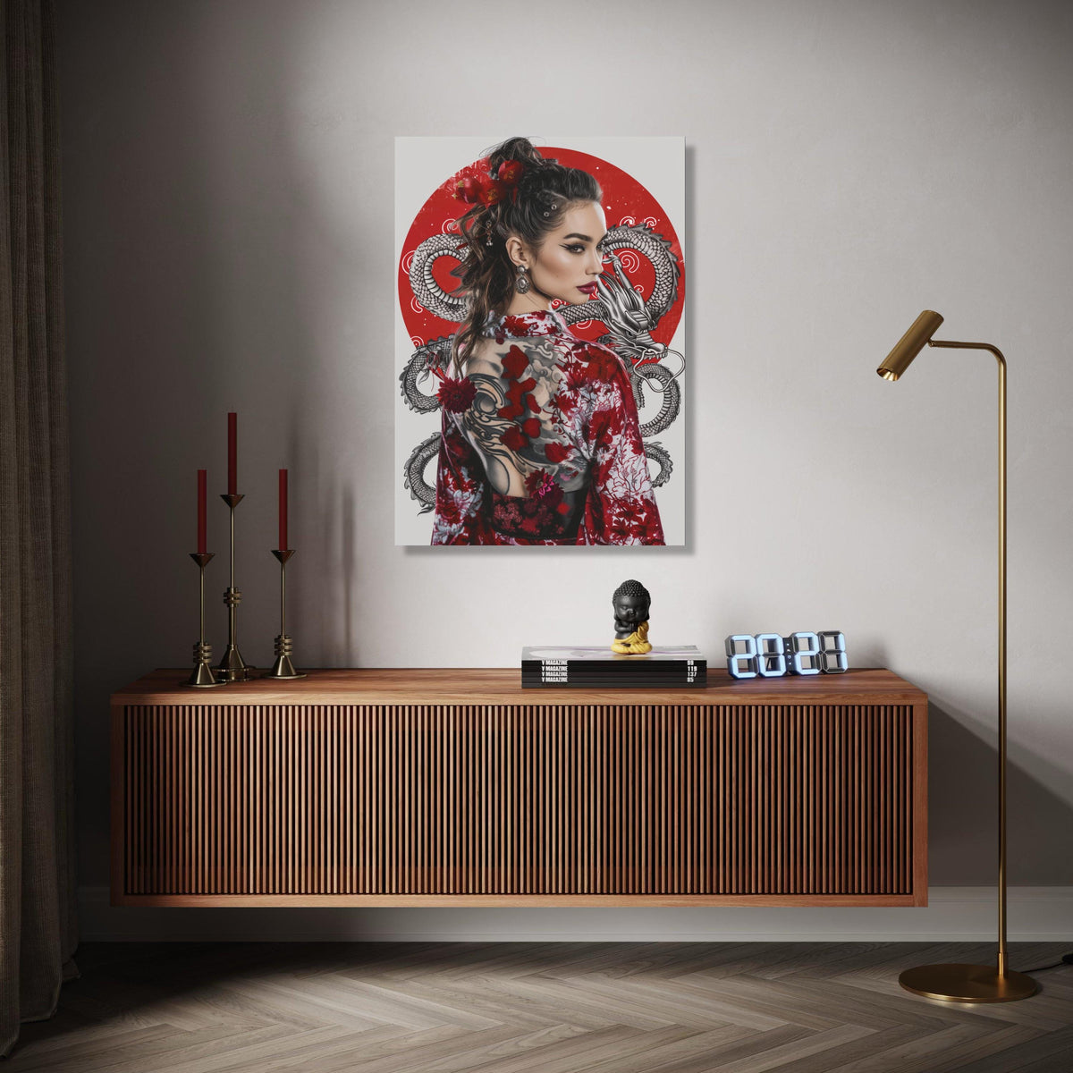 Elegant Geisha Woman Canvas, Red Dragon Tattoo Art, Japanese Kimono Wall Decor, Asian Style Portrait Canvas, Gift Art, Home Decor, Print