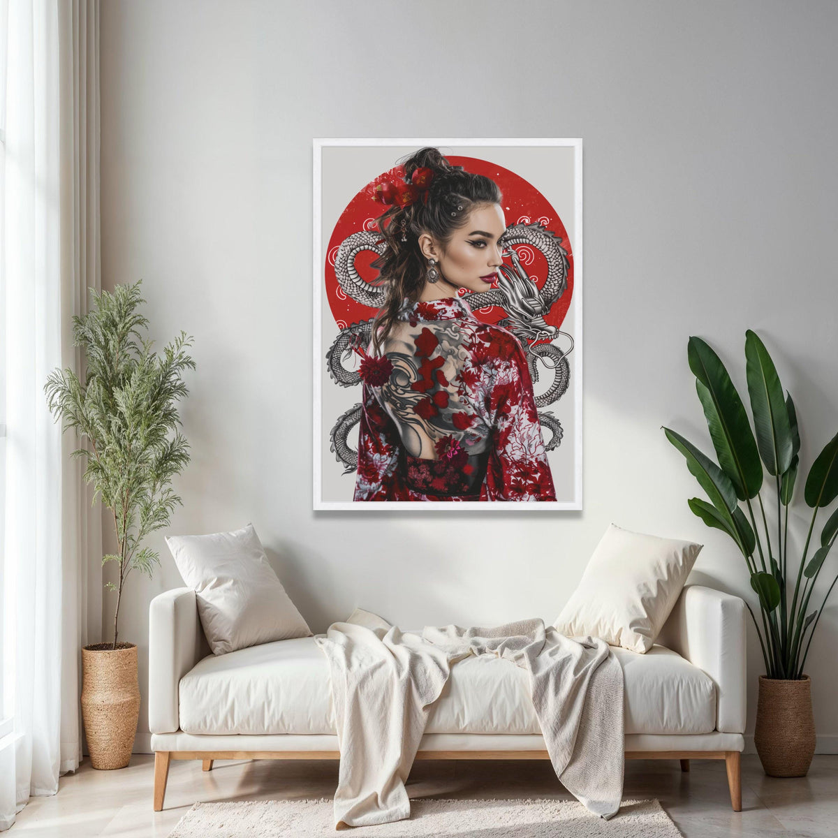 Elegant Geisha Woman Canvas, Red Dragon Tattoo Art, Japanese Kimono Wall Decor, Asian Style Portrait Canvas, Gift Art, Home Decor, Print