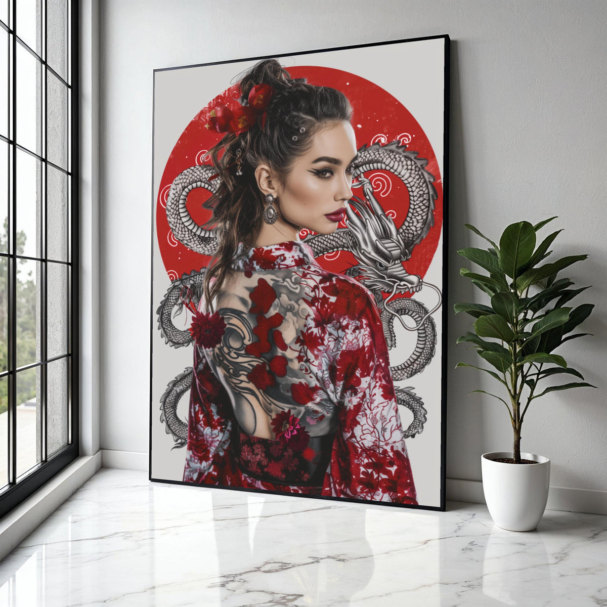 Elegant Geisha Woman Canvas, Red Dragon Tattoo Art, Japanese Kimono Wall Decor, Asian Style Portrait Canvas, Gift Art, Home Decor, Print