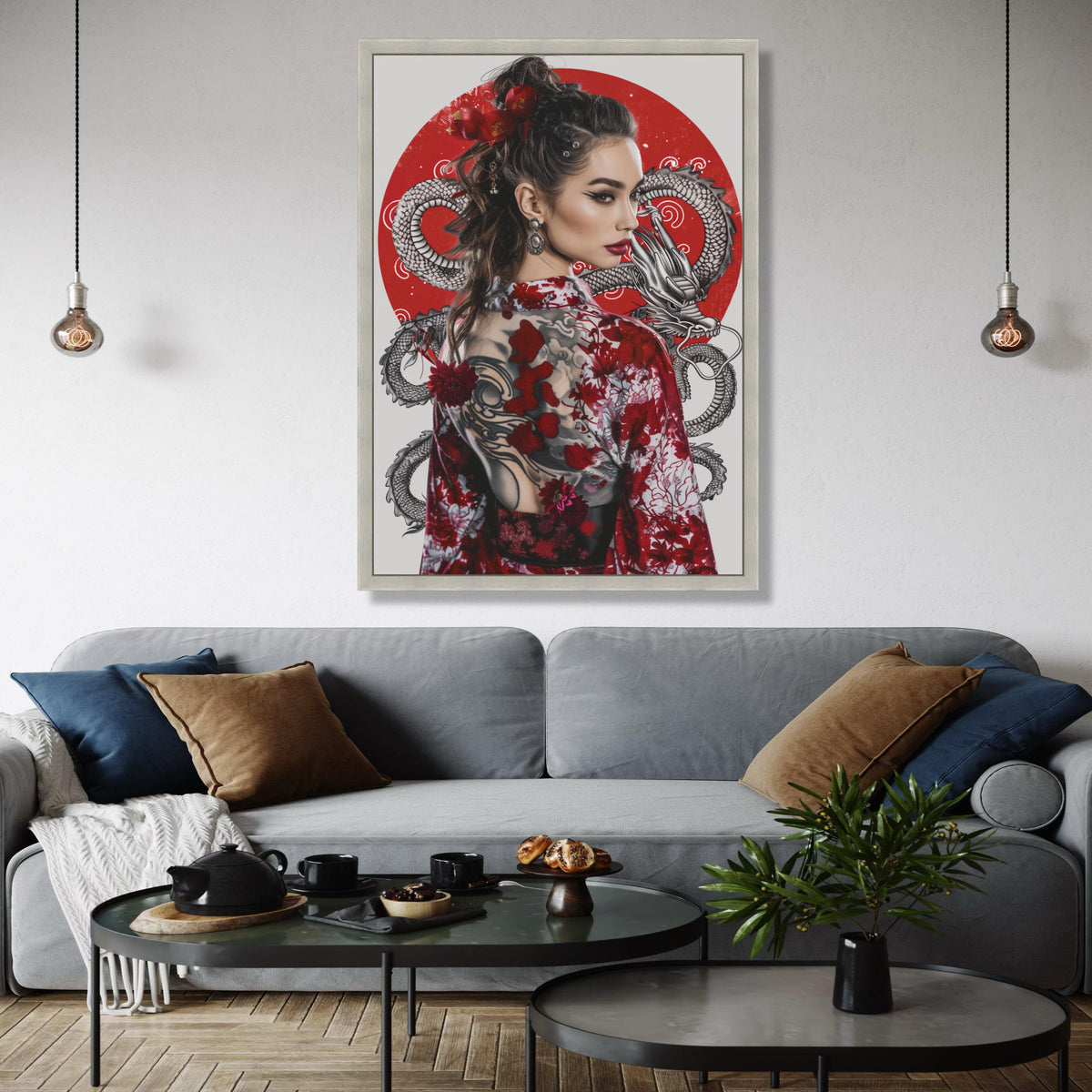 Elegant Geisha Woman Canvas, Red Dragon Tattoo Art, Japanese Kimono Wall Decor, Asian Style Portrait Canvas, Gift Art, Home Decor, Print