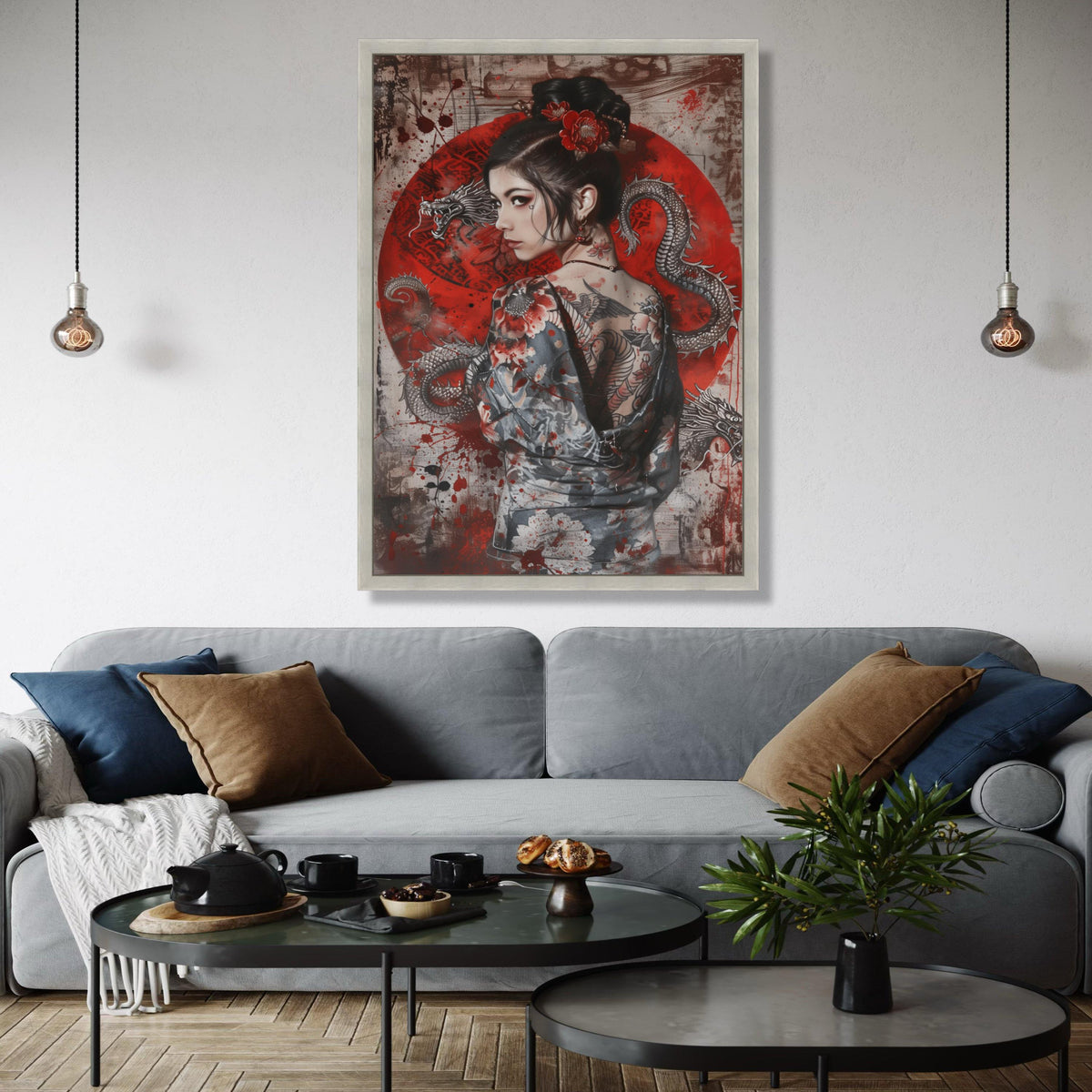 Japanese Geisha with Dragon Tattoo Canvas, Asian Woman Portrait Wall Art, Red Floral Kimono Design, Oriental Gift Art, Home Decor, Print