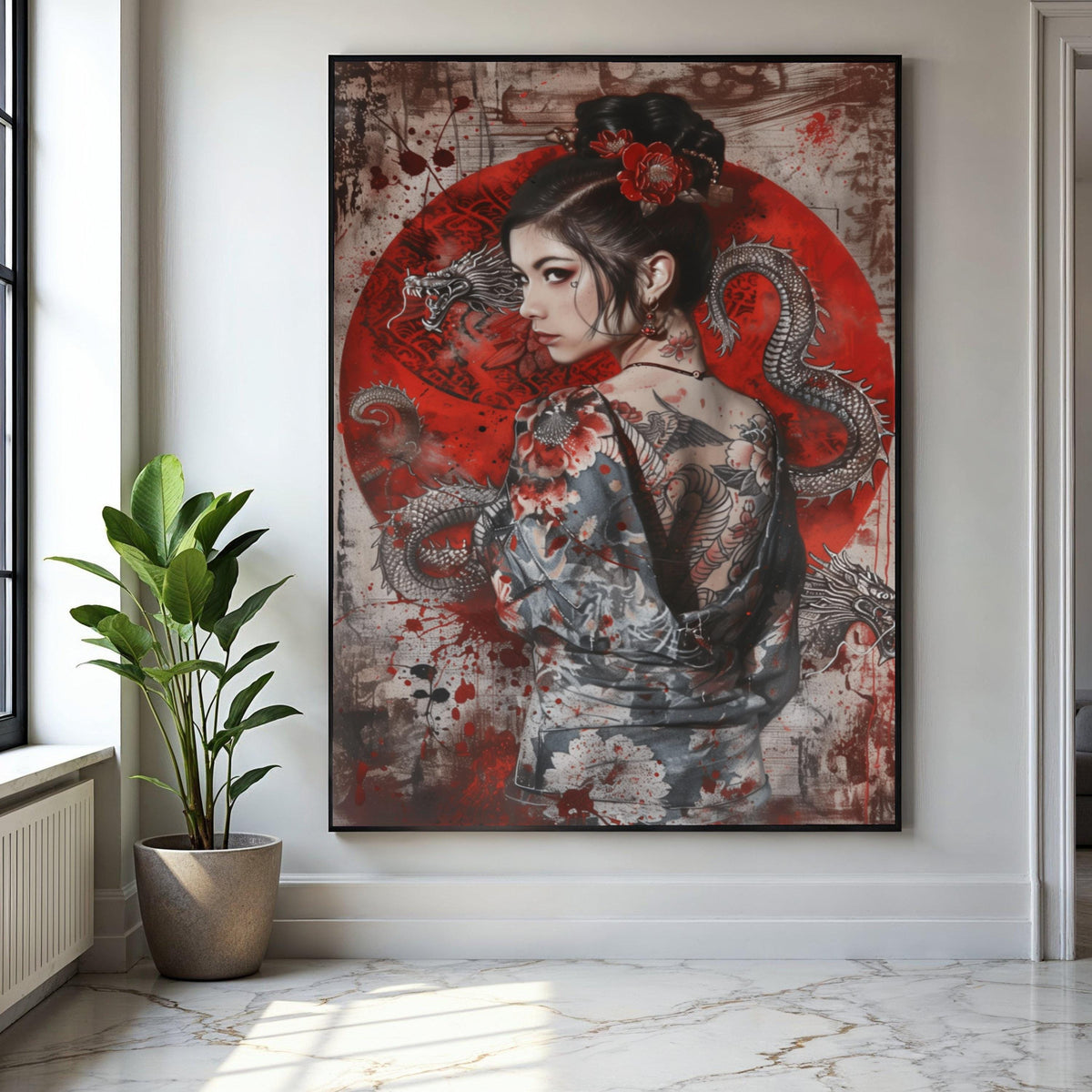 Japanese Geisha with Dragon Tattoo Canvas, Asian Woman Portrait Wall Art, Red Floral Kimono Design, Oriental Gift Art, Home Decor, Print