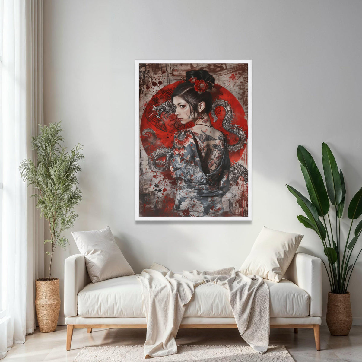 Japanese Geisha with Dragon Tattoo Canvas, Asian Woman Portrait Wall Art, Red Floral Kimono Design, Oriental Gift Art, Home Decor, Print