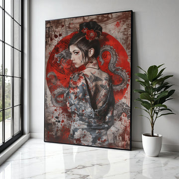 Japanese Geisha with Dragon Tattoo Canvas, Asian Woman Portrait Wall Art, Red Floral Kimono Design, Oriental Gift Art, Home Decor, Print